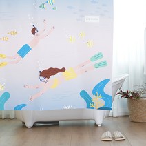RESTINBATH 패브릭 욕실 샤워커튼 스노클링 + 메탈집게링 세트, 1세트, 멀티(혼합)컬러