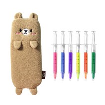 애니멀 슬림 펜슬 파우치 + 주사기 형광펜 6종 세트, 랜덤발송(파우치), 1세트