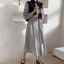 오키진 여성용 감성 듬뿍 스트라이프 패턴 트렌치 셔츠 롱 원피스