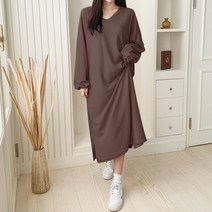 가비진 여성용 편안한 양브이넥 밑단 트임 긴팔 롱 원피스