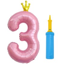 제이벌룬 은박 왕관 숫자 풍선 대 + 손펌프 세트, 3 핑크(풍선), 블루(손펌프), 1세트