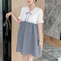 임산부 패션나비 레이스 체크 브이넥 빅사이즈 반팔 수유 원피스