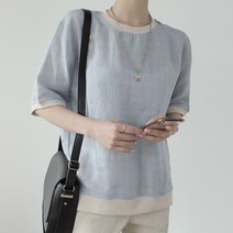 빼빼 여성용 라운드넥 시보리 고방체크 반팔 린넨 티셔츠