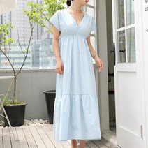 빼빼 여성용 딥 브이넥 셔링 하늘하늘 롱 원피스