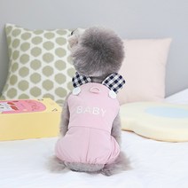 랜보어 반려동물 체크 곰돌이 멜빵 올인원, 핑크