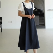 빼빼 여성용 페어 멜빵 롱 린넨 원피스