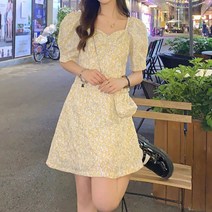 DM 옐로우 플라워 퍼프 미니 원피스