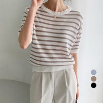 보에리에 여성용 부클 스트라이프 라운드넥 반팔 니트