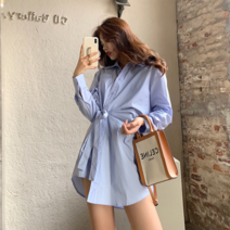 이브 언발 리본 루즈핏 캐주얼 긴팔 셔츠 원피스 미니원피스