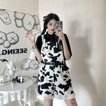 스트리트 힙합 하라주쿠 암소 프린트 Oneies For Women 블랙 화이트 체크 무늬 오버올 캐주얼 점프 슈트 바지 팬츠140449