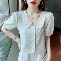 ocx 여름 2022년 빈티지 자수 레이스 칼라 반팔 셔츠 디자인감 미니멀 블라우스 여성 여름 옷은 쾌적하고 흰 옷차림이 보기 좋다