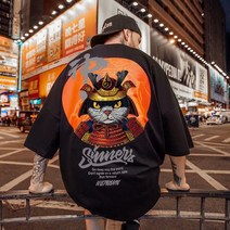 S-8XL 내셔널 타이드 힙합 타이드 브랜드 일본 사무라이 고양이 프린트 반팔 티셔츠 남성과 여성 트렌드 인 루즈한 대형 코튼 캐주얼 와일드 5점 소매 여름