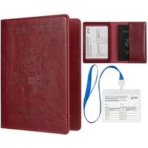 Cynure 남성 및 여성용 가죽 여행용 여권 커버 케이스 랜야드 10.2 x 7.6cm(4 3인치) 방수 CDC 백신 카드 홀더 콤보 다크 레드 477764