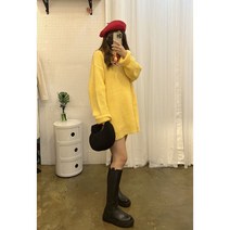 겨울 여성 옐로우 목폴라 원피스형 터틀 롱 니트