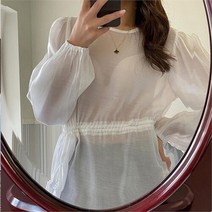 다잇템 여자 비침 리오셀 유넥 허리셔링 블라우스 (8248306)