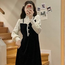 레이어드 투피스형 미니 원피스 벨벳 블랙 봄 가을