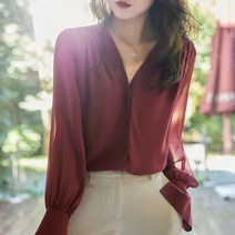 WZC 봄가을 브이넥 남방 셔츠 무지 정장 블라우스 빅사이즈 루즈핏 긴팔 여성상의 4컬러 M~4XL