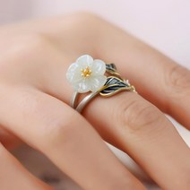 기부반지 레트로 느낌 재질 캐릭터 오픈 인덱스 손가락 반지와 진짜 925 스털링 실버 상감 옥 매화 꽃 반지