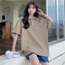 자수반팔티셔츠 와플 카라셔츠 여성 여름 와이드 루즈핏 이니셜 티셔츠상의 트렌드 4938032375