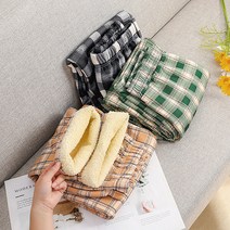 여성용 양털 타탄 체크 밴딩 팬츠 융 기모 통 바지 밍크 세미 와이드 겨울 고무줄 방한