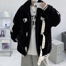 가죽 버클 남성 자켓 모조 토끼 머리 턴 다운 칼라 패션 브랜드 파카 양털
