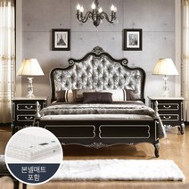 유캐슬 로젠 블랙 엔틱 원목 벨벳 침실세트A (퀸침대+2단협탁+매트리스), 블랙+실버