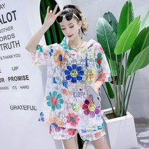 여자 후드 티 반팔 레이스 정장 해바라기 기질 느슨한 얇은 짧은 바지 투피스 세트 여름 a
