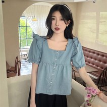 스퀘어넥 크롭 청 데님 A라인 면 코튼 블라우스 퍼프 여름 반팔 샤랄라 벌룬 프릴 SY