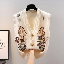 여성골프조끼 가을 스웨터 니트 한국 탑 의류 특대 빈티지 민소매 한국 패션 하라주쿠 넥 카디건
