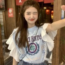 퐁순싸롱 캐릭터 프릴 러플 흰색 레터링 티 셔츠 블라우스 YJ