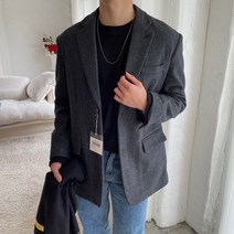 남자 울 헤링본 자켓 기모 안감 겨울 오버핏 투버튼 모직 재킷 트임 블레이저 2color