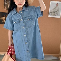 도오빠 블루모몬 주니어 원피스 데님 롱 청 반팔 카라 포켓 드레스 키즈 여아 여름