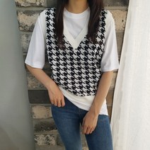 상상그이상 여성용 작은 제비 니트조끼 20수 고급 구김없는 촉감좋은 면티셔츠 코디세트 깔끔한 배색 포인트 변형없는 캡소매 루즈핏 레이어드 가성비 좋은 사계절 베스트 세트구성
