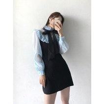 [엠케이지]헤이 블라우스 배색 리본타이 미니원피스