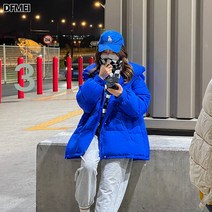 리얼 샷 클라인 블루 한국 스타일 패션 짧은 후드 느슨한 허리 유행 면화 패딩 자켓 2022 새로운