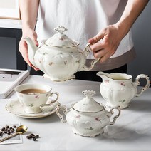 이에스 프랑스 골드 테두리 프놈펜 작은 꽃 커피 컵과 접시 본차이나 레트로 티포트 밀크팟 슈가팟, 컵과접시 2세트