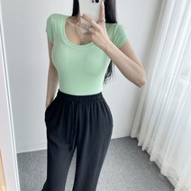 글램핏 / 여성 여름 데일리 딥 유넥 스판 슬림 반팔 쫄 티 4컬