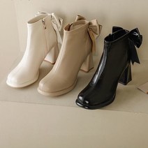 가을 여성 워커힐 화이트 키높이 앵클 부츠 리본 통굽 가보시힐 하이힐 숏부츠