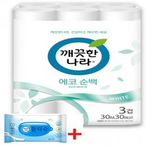 깨끗한나라 3겹 데코 에코 순백 화장지(재생) 30m*30롤*1pack+휴대용 물티슈 10매