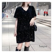 티피 여성 길거리 패션 트렌드 빅 사이즈 루즈핏 스팽글 반팔 티셔츠