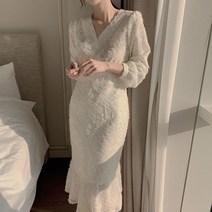 브이넥원피스 복고풍 우아한 입체크로쉐 디자인 허리슬리밍 솔리드컬러 여성스러운 드레스 s