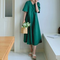 로로텐 날개소매 반팔 브이넥 롱 원피스 무지 핀턱 셔링 A라인 빅사이즈