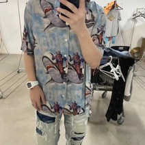 샤크가이 비치셔츠 구김없는 반팔 하와이안 셔츠 휴가룩 빠지 썸머패턴 오버핏 블루 바캉스룩