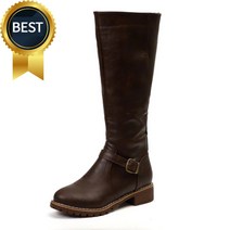 승마부츠 미들부츠 승마복 2023 PU 가죽 무릎 부츠 용 신발 버클 금속 장식 야외 로우 힐 롱 보타스 신제품, 다크브라운 - 43, 1개
