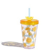 여름 회전 빨대컵 플라스틱 물컵 여자 선물컵 아이디어 여름 텀블러, 레몬색, 480마라