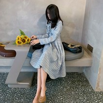 결혼식하객룩 레트로 스타일 스윙 a 라인 긴팔 원피스 드레스 여성용 스몰 프래그런스 신제품 밝은 파란색 가을 2021