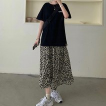 라라벨 여성용 스커트 후크 밴딩 레오파드 데일리 롱 치마 스커트