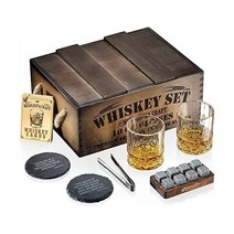 Mixology & Craft 믹솔로지 위스키 선물 세트 러스틱 나무 상자가 있는 유리 화강암 록 칠링 스톤 8개 10온스 잔 남성 아빠 남편 남자친구를 위한 제임스 다크 브라운, Jameson Dark Brown - Diamond