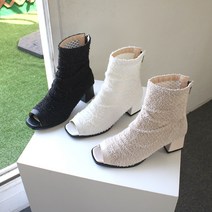 이나슈즈 봄 여름 트위드 니트 오픈토 앵클부츠 5cm 미들굽 빅사이즈