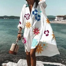 셔츠형원피스 보헤미안 루즈핏 긴팔 셔츠 드레스 여성용 여름 캐주얼 비치